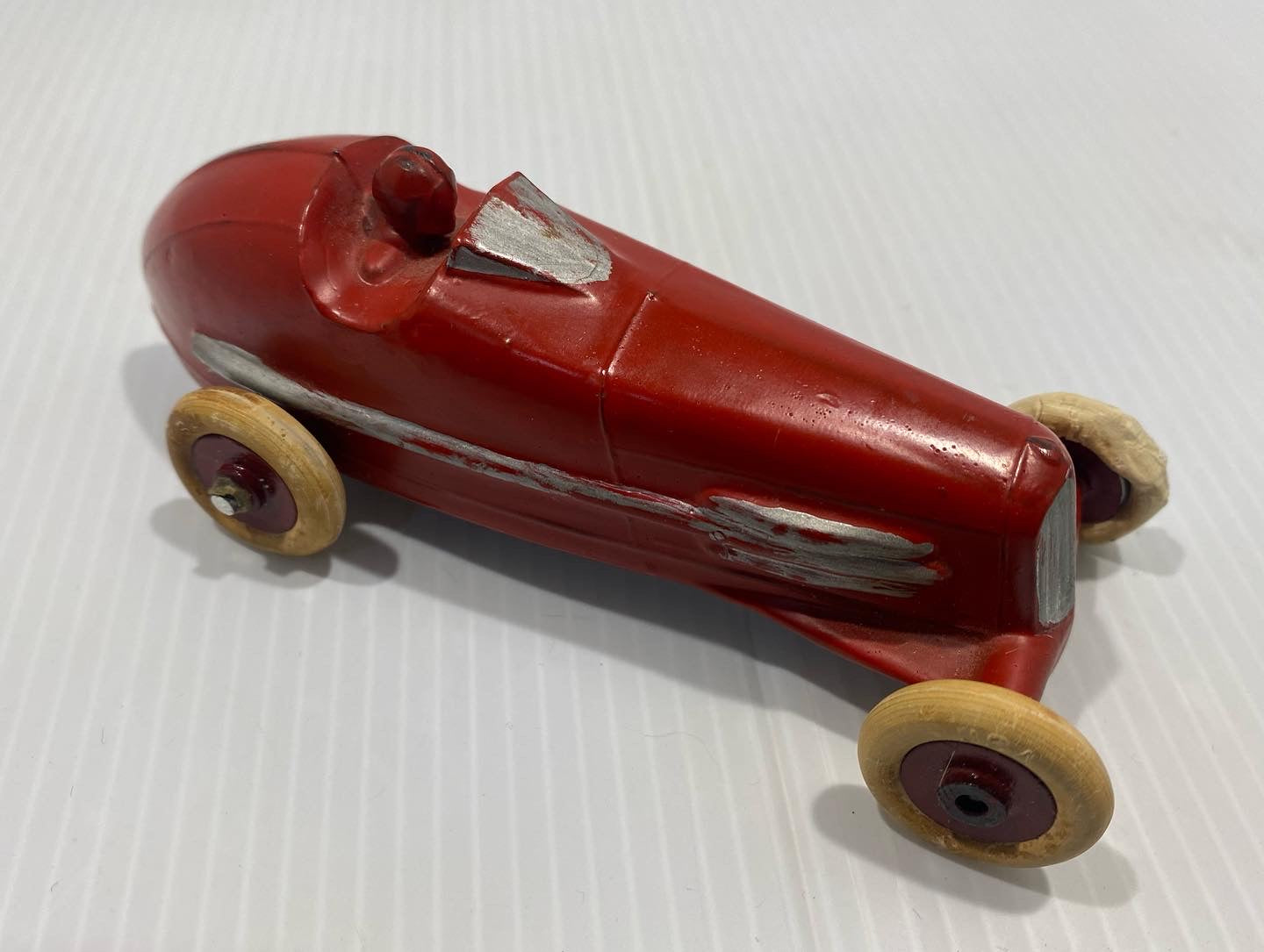 Rare Antique Savoye Pewter Toy Company boat-tail racer with driver , all original. Made in USA 1930's.