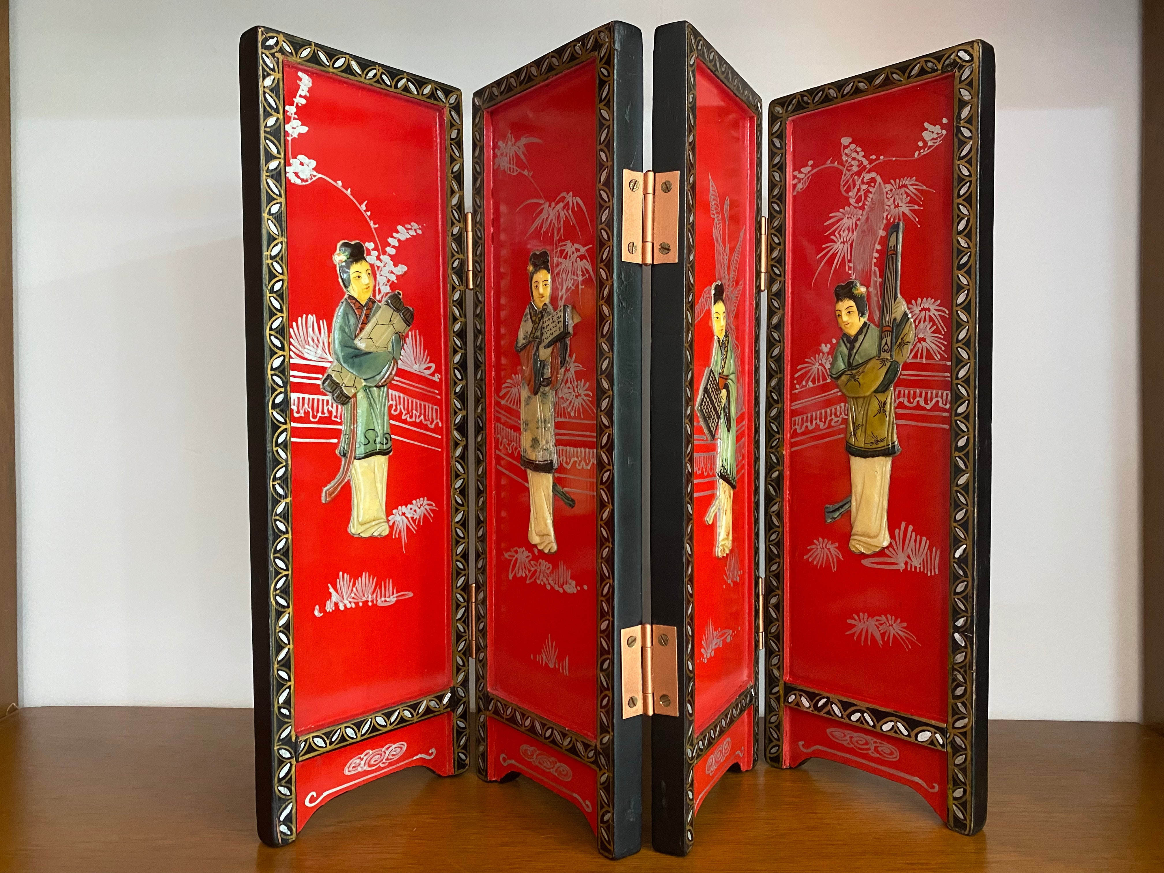 1920s - 30s  Chinese Red Lacquered Folding Table Screen with ivory kimono-clad ladies