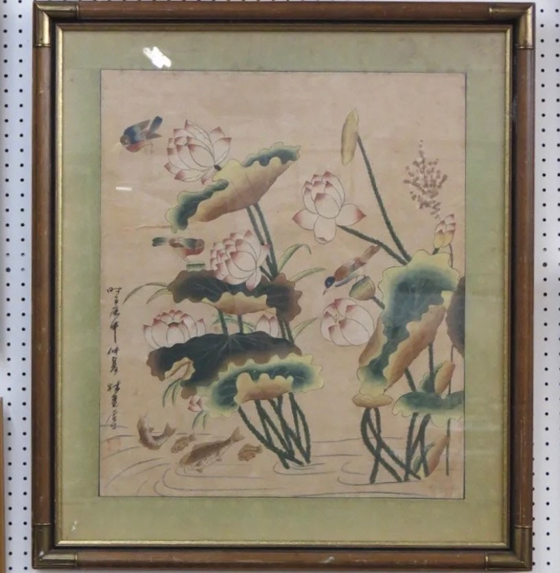 Antique Japanese Watercolor of Water Lillies & Fish, signed. 1920s