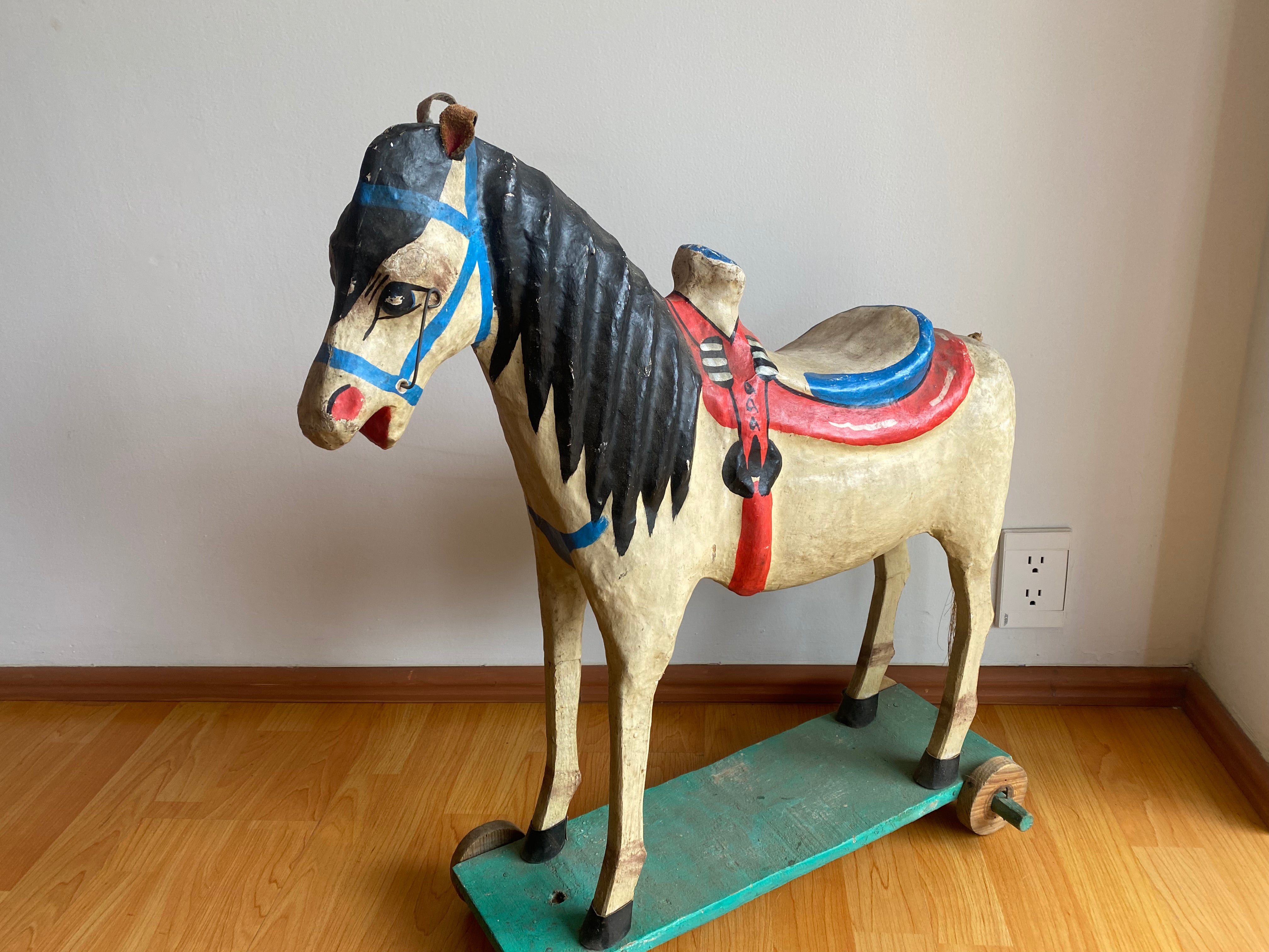 Antique 1930s paper mache horse pull toy