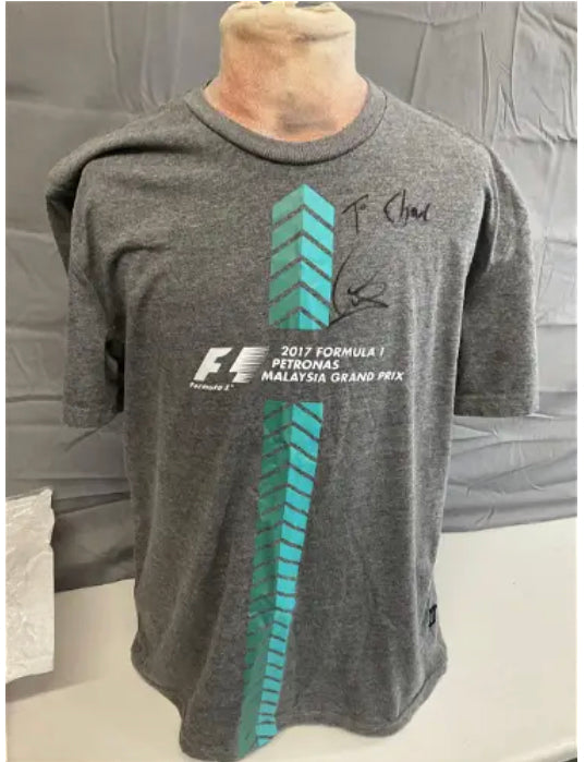 Lewis Hamilton signed Mercedes 2017 Formula One Petronas Malaysia Grand Prix Team T shirt.