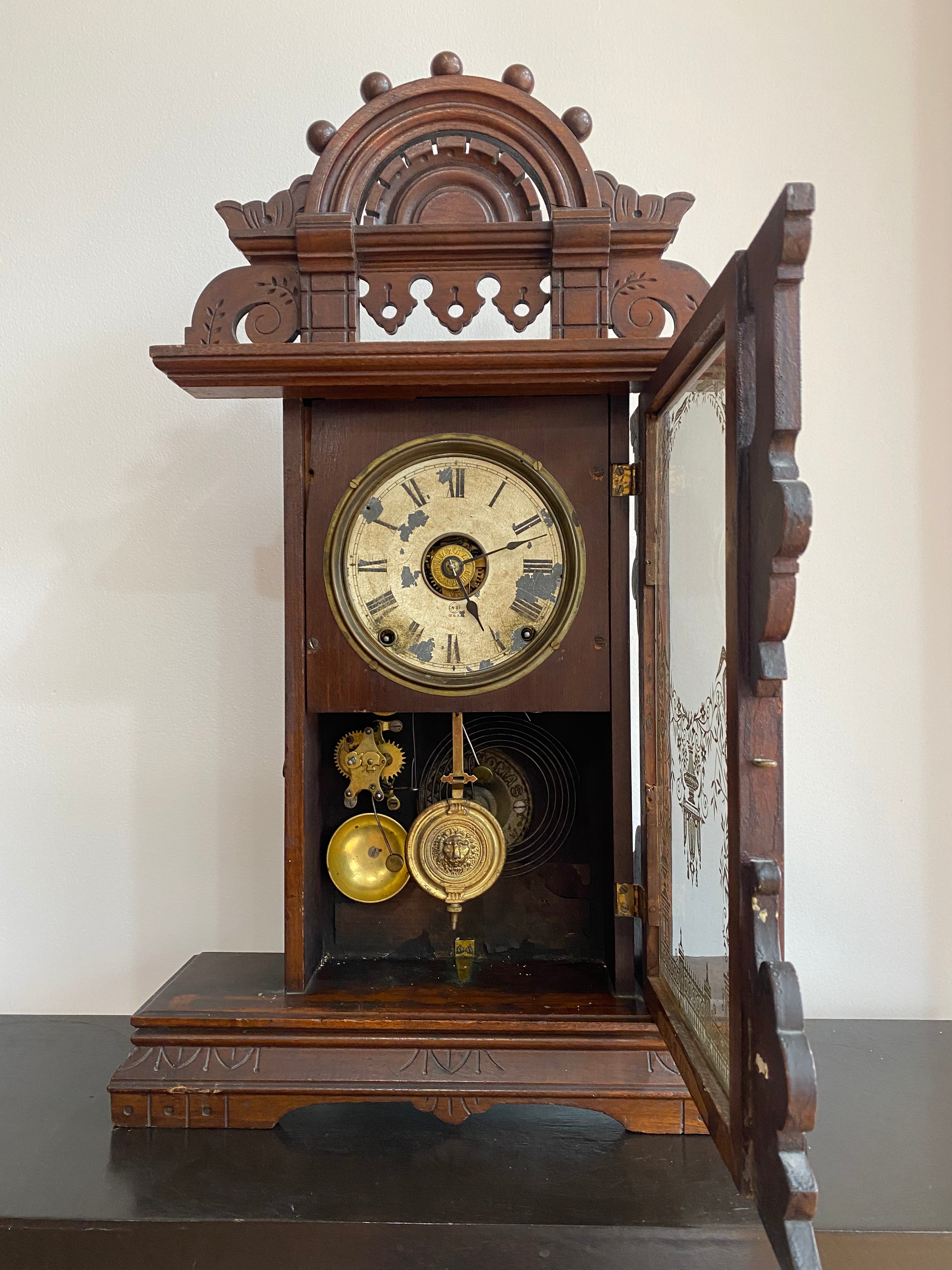 Antique 1890s New Haven Gingerbread Mantle Clock.