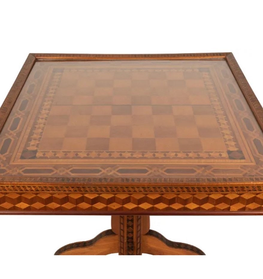 Inlaid gaming table with glass top. 1950s .