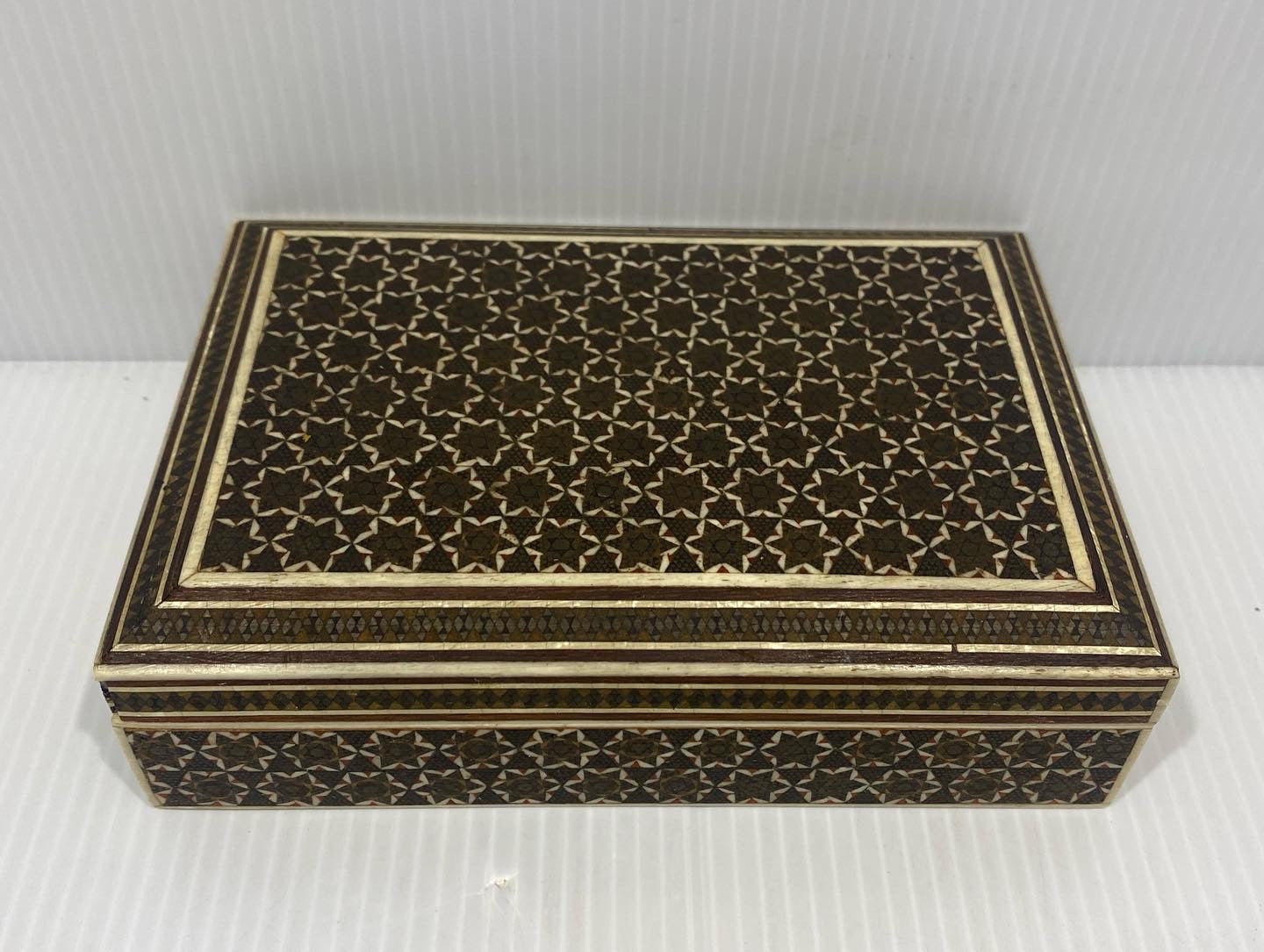 Beautiful vintage Handcrafted Khatam wooden box with very delicate micro mosaic marquetry from the ancient Persian technique