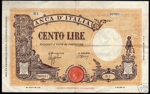 Italia Regno , 100 lire Grande B ( fascio ) Vittorio Emanuele III ,emitidas 09-12-1942