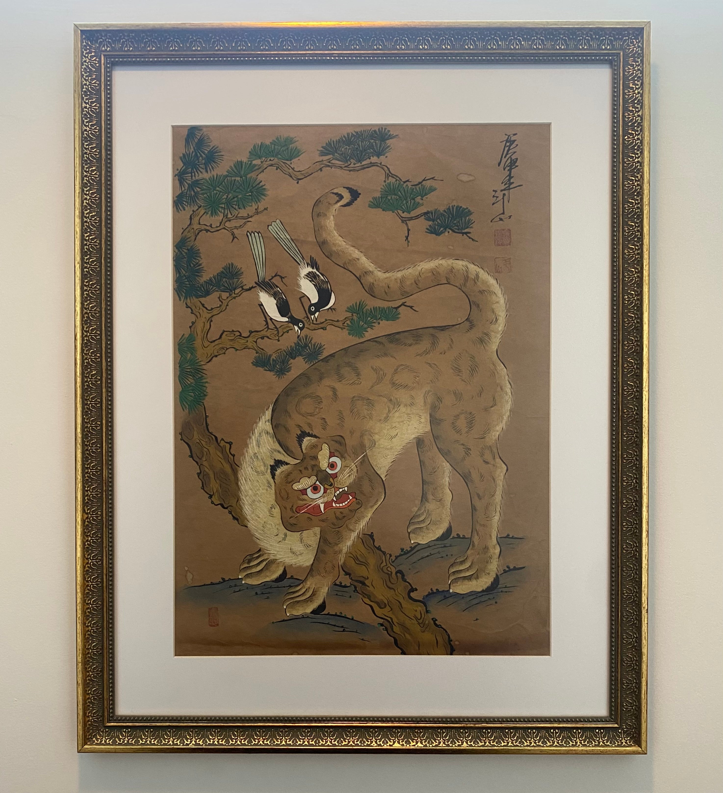 Antique Japanese Woodblock print. Tiger with birds. Hand Signed. Maruyama Okyo’s ?