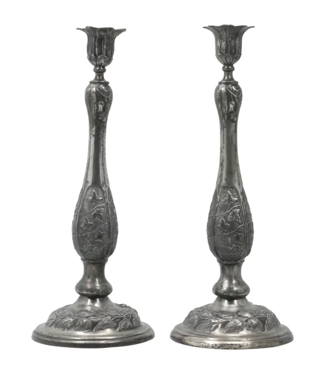 19th Century French Art Nouveau Flowers Silver Plate Candlesticks.