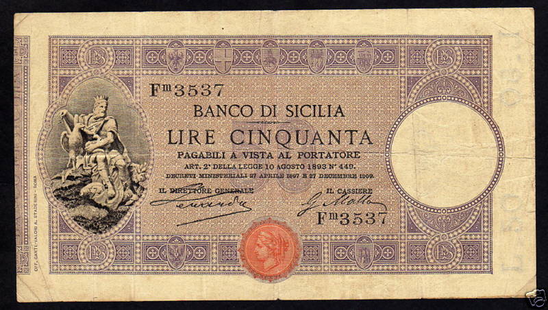 Kingdom of Italy 50 Lire Banco di Sicilia 1909