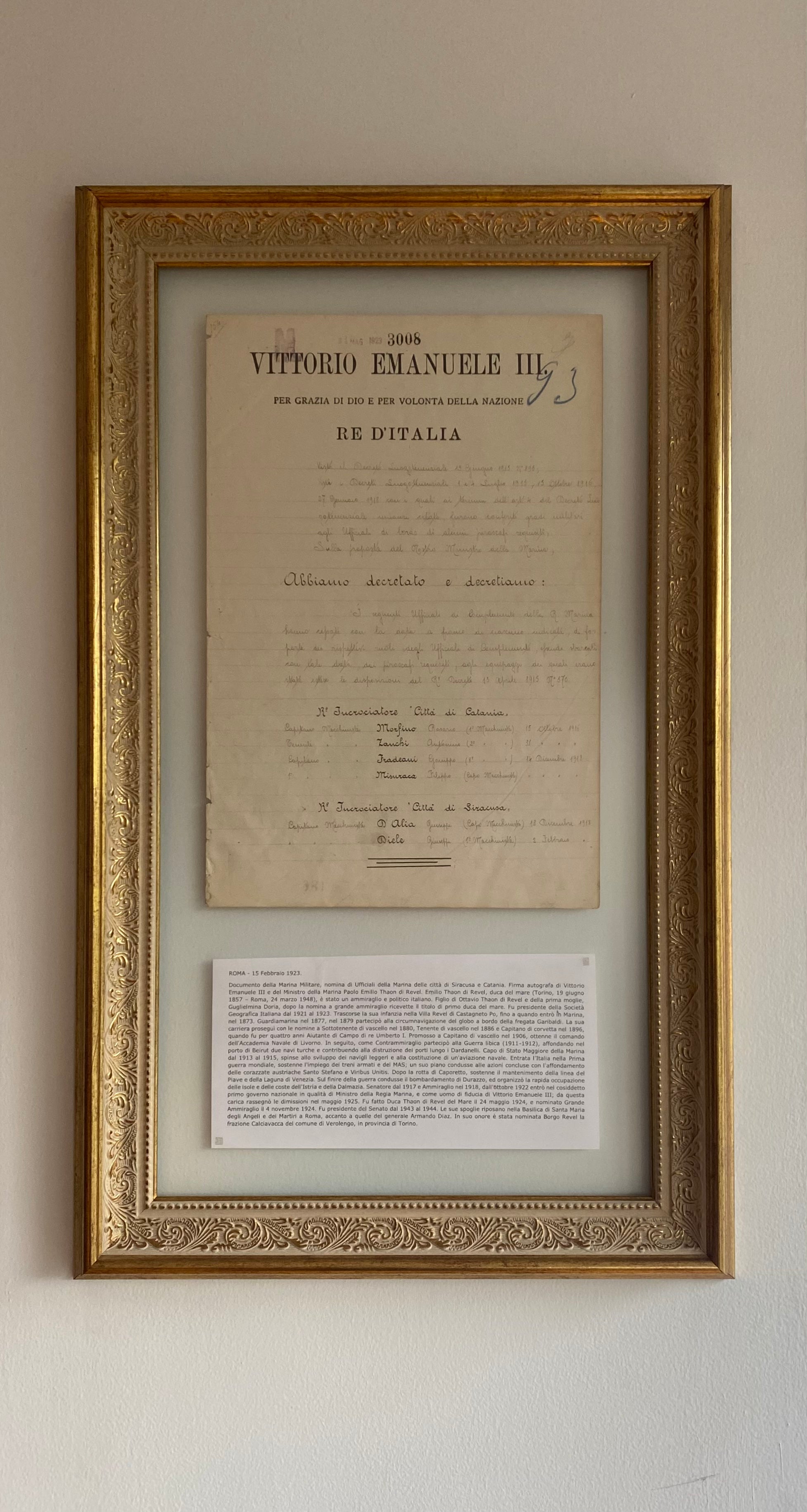 1923. Document of the Navy, signed by King Vittorio Emanuele III and of the Minister of the Navy Paolo Emilio Thaon di Revel.