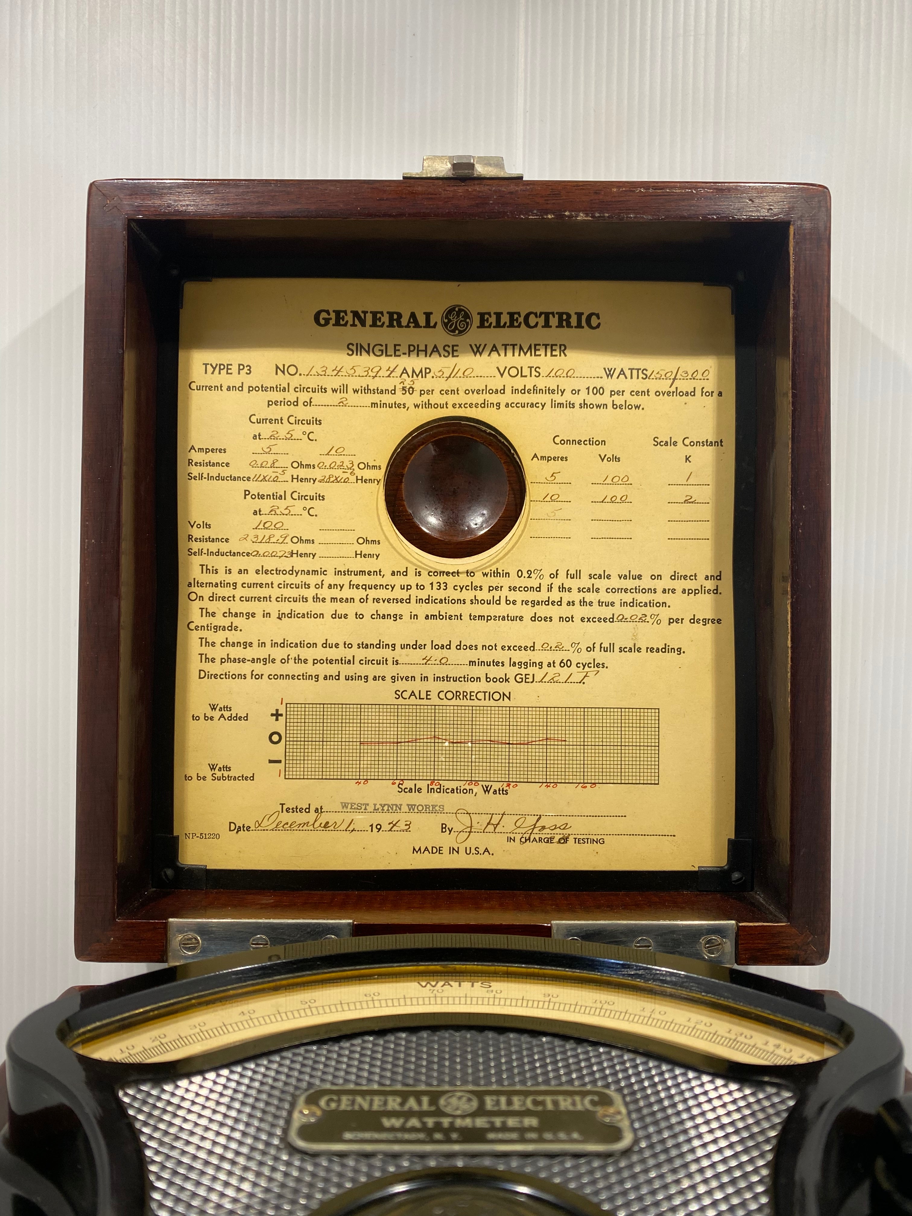 General Electric Single Phase Wattmeter, Type P-3 - 1930-40s.