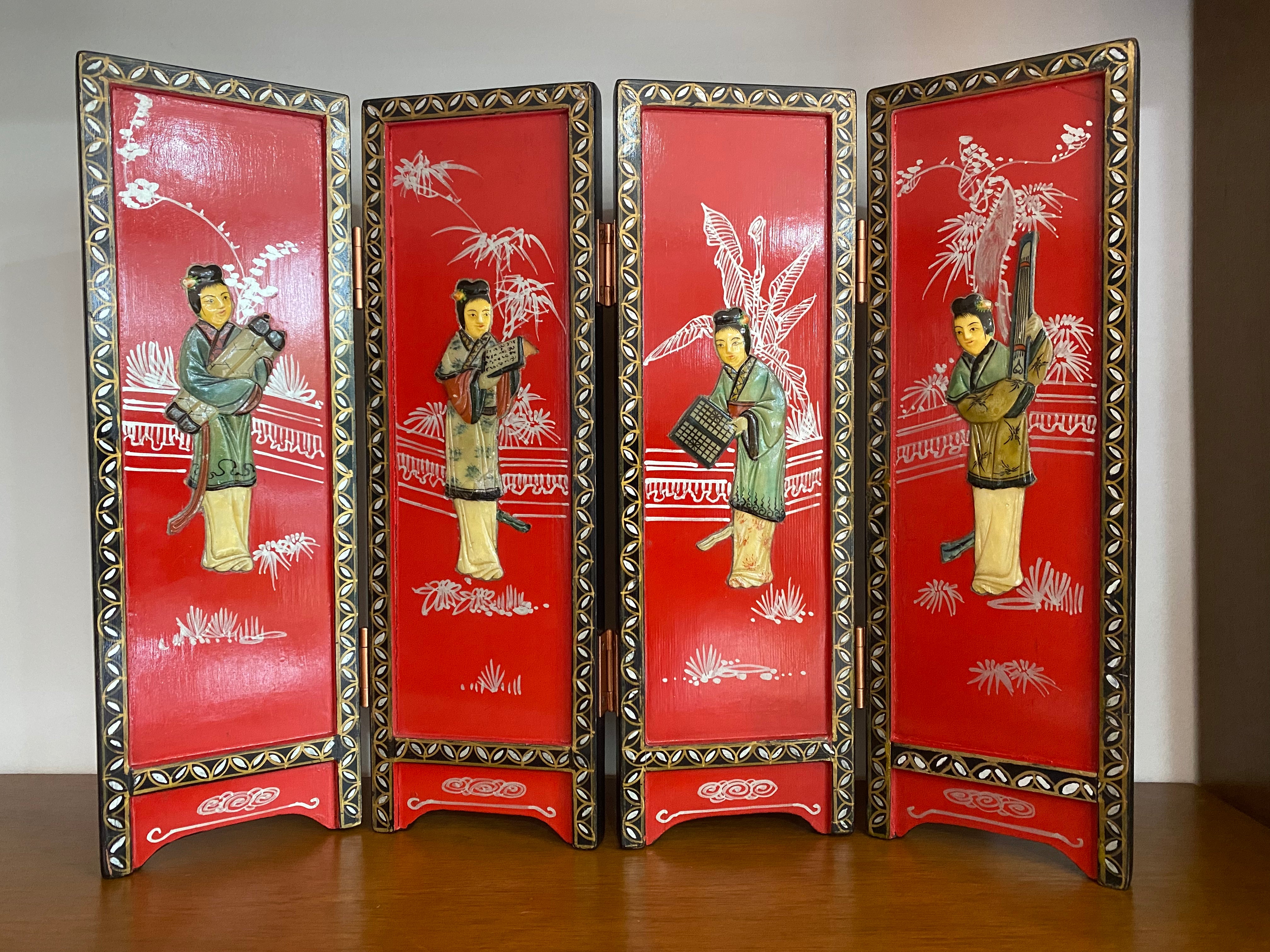 1920s - 30s  Chinese Red Lacquered Folding Table Screen with ivory kimono-clad ladies