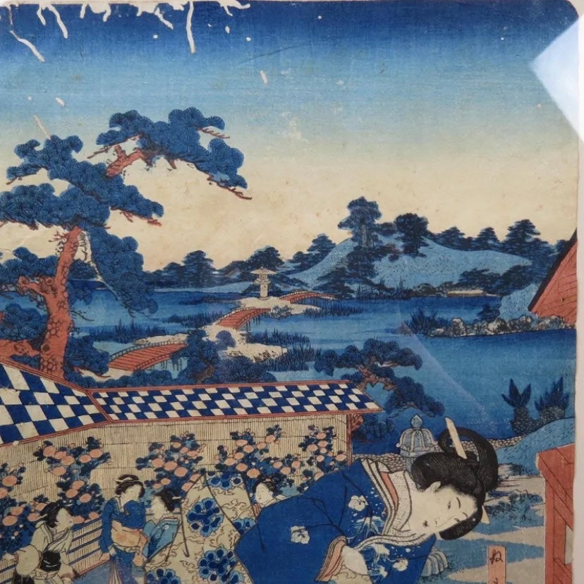Japanese Woodblock by Toyokuni of Females on Terrace, well listed artist 1769-1825.