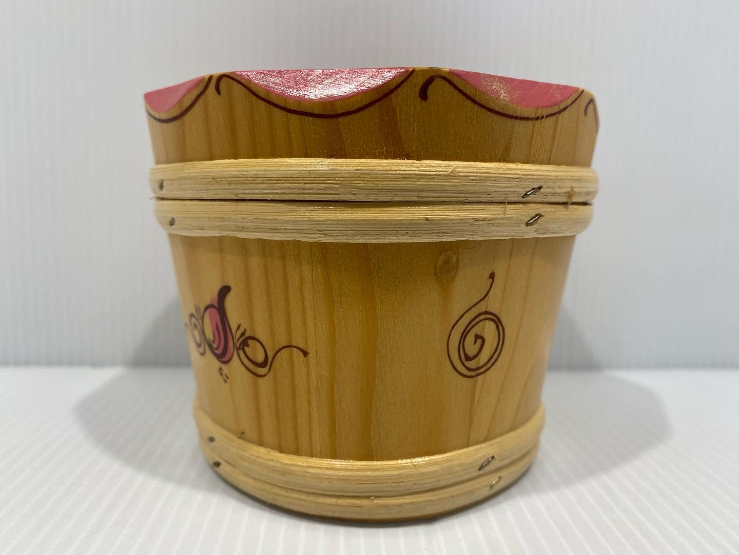 Antique Rustic Wood Bucket, handpainted in traditional Swiss Alpine folk art