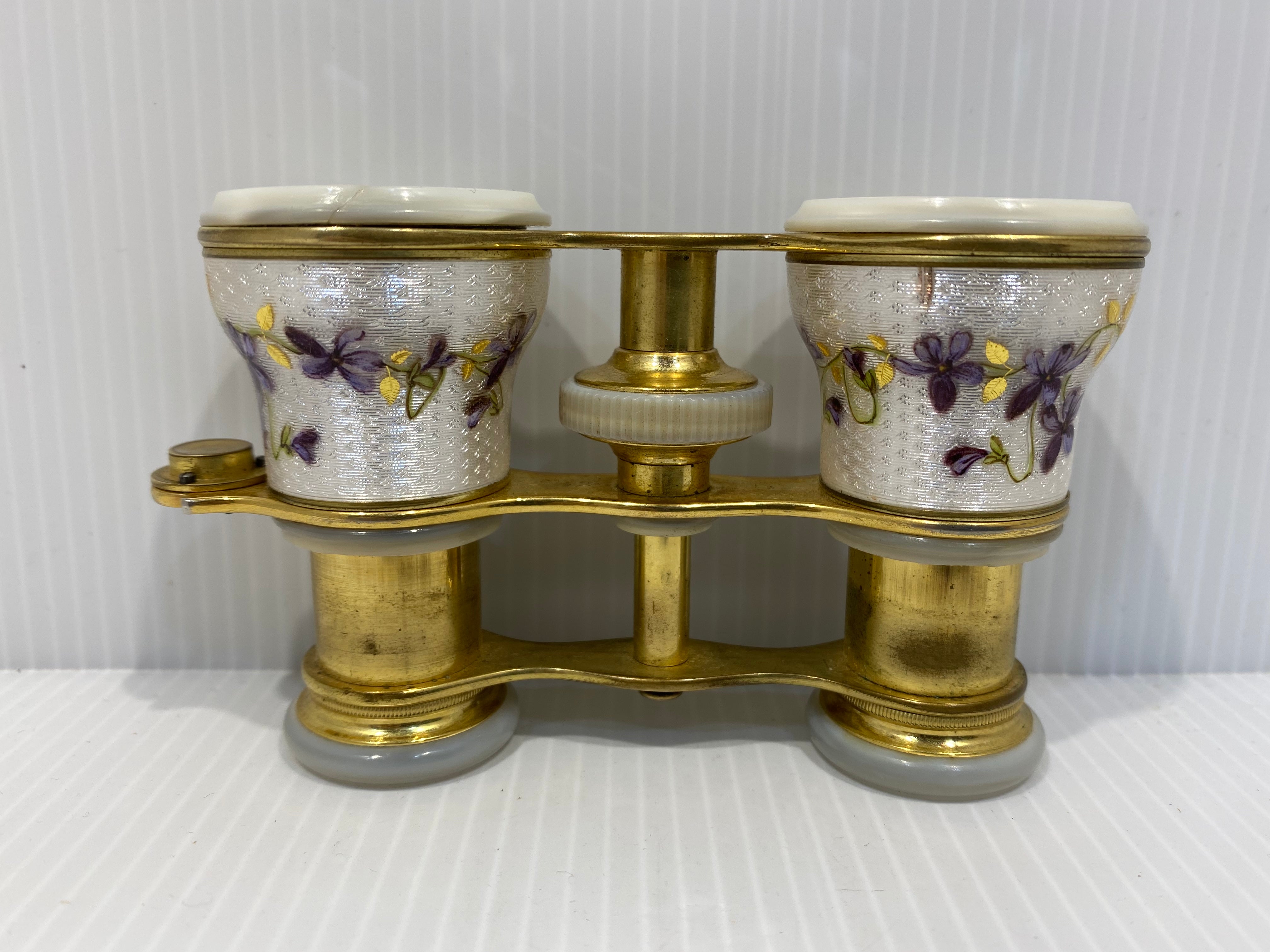 19th century French enamel opera glasses with handle.