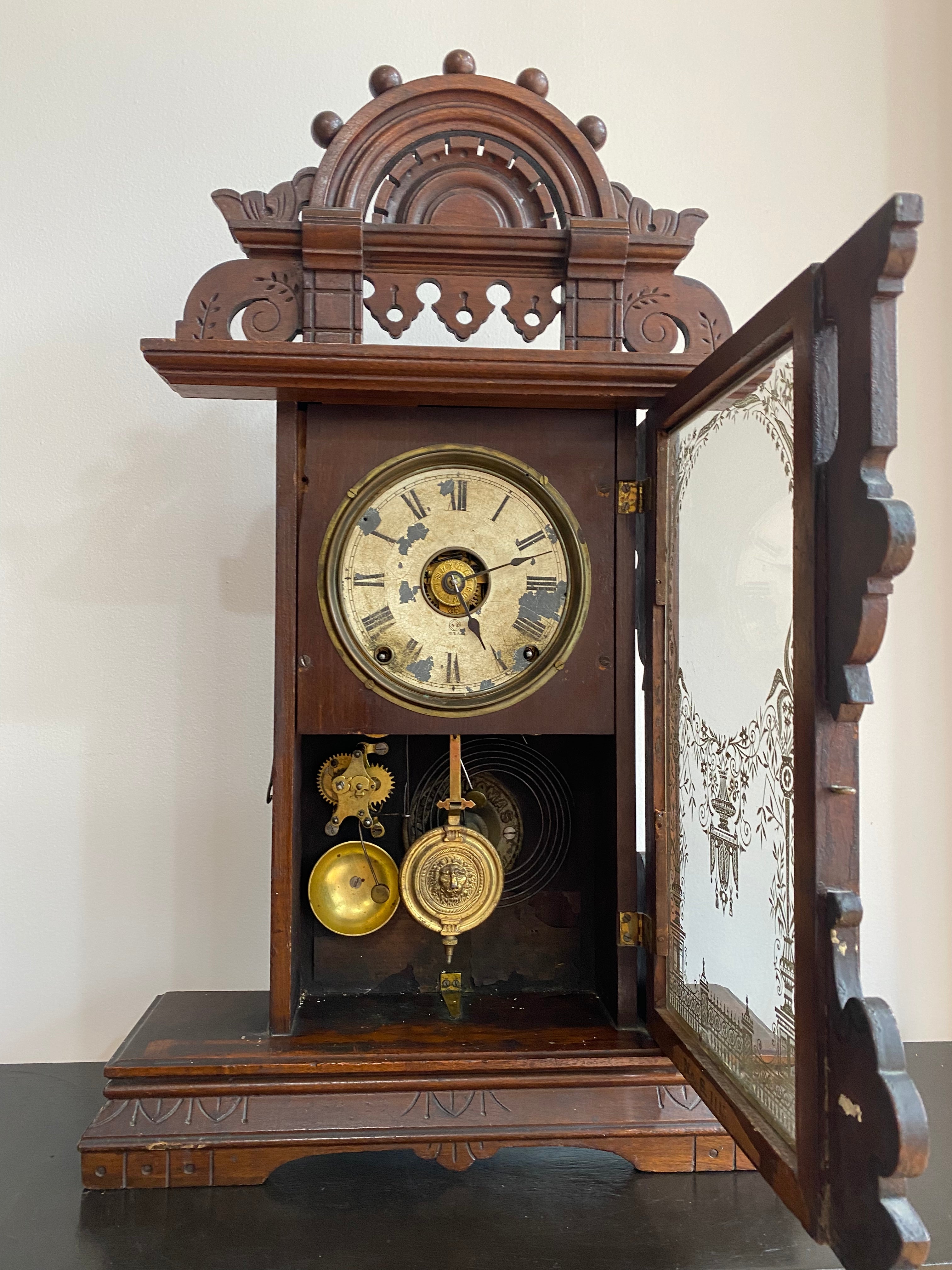 Antique 1890s New Haven Gingerbread Mantle Clock.