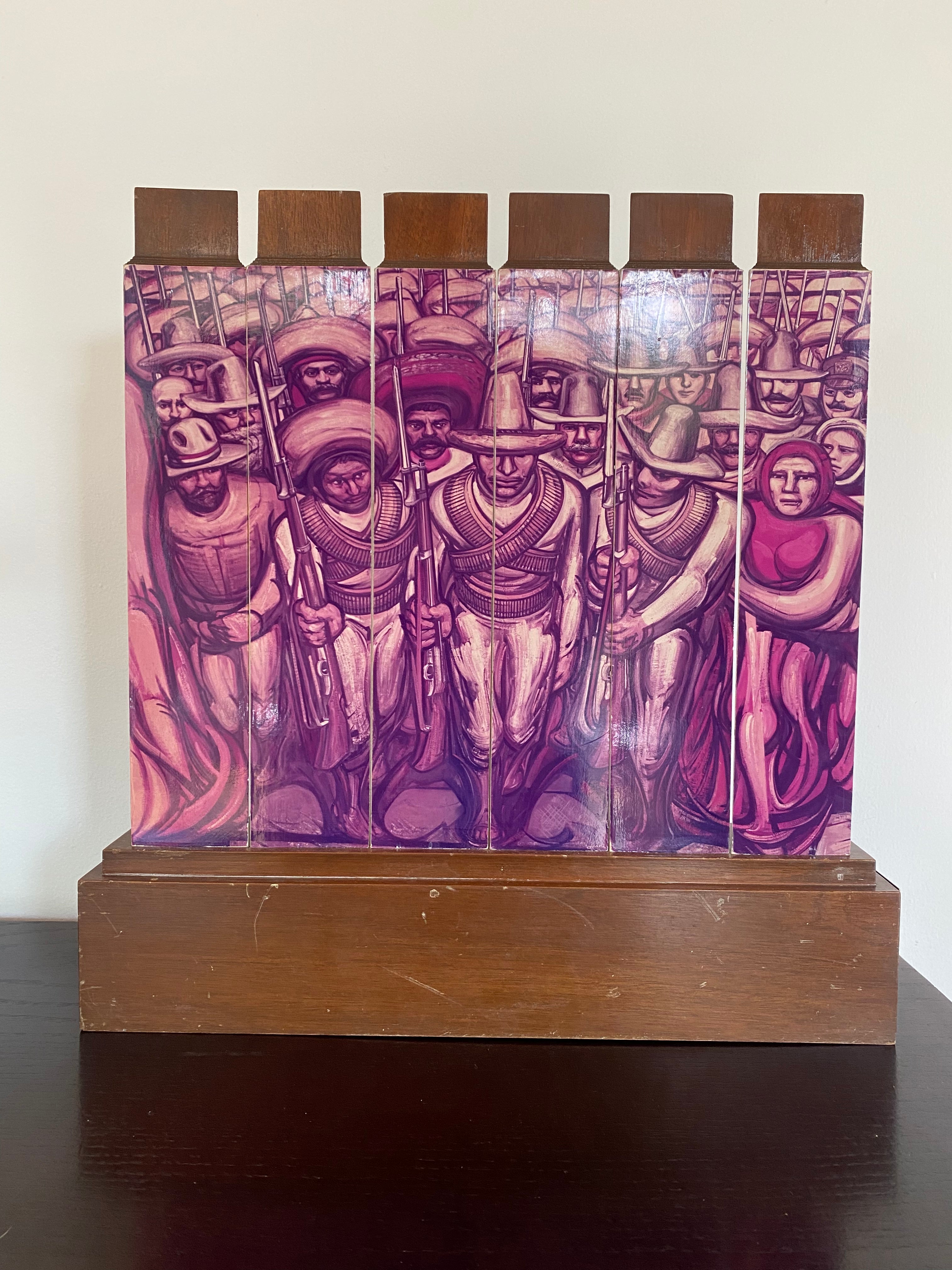 Tribute to David Alfaro Siqueiros, wooden triptych, Mexico 1970s.