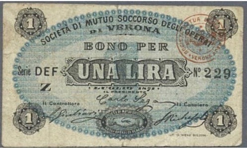 Kingdom, Vittorio Emanuele II, 1 lira "Mutual Aid Society of Verona Workers", 1871