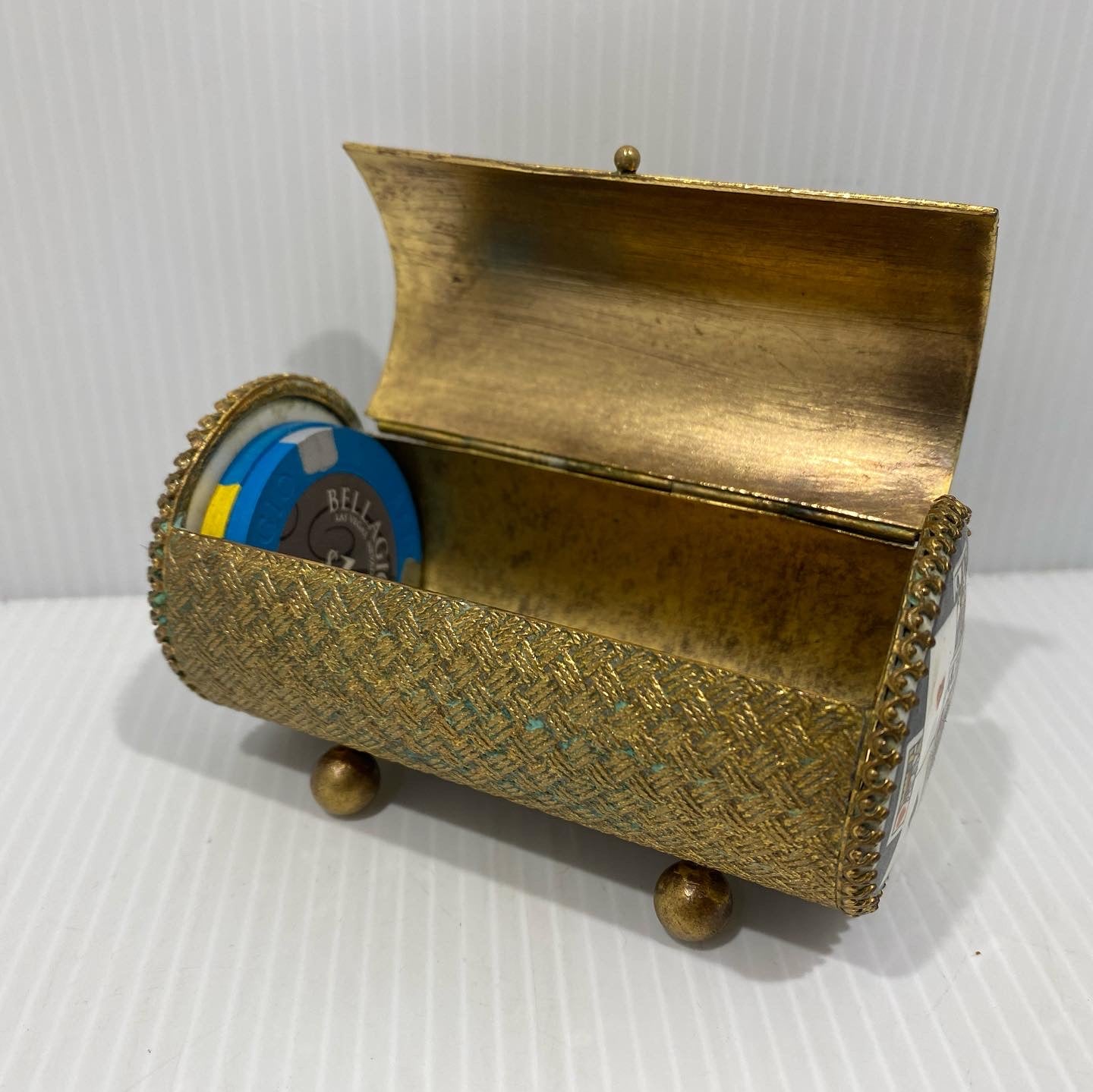 Beautiful and rare art deco, brass and enamel,  Sarcophagus shaped poker chip holder.